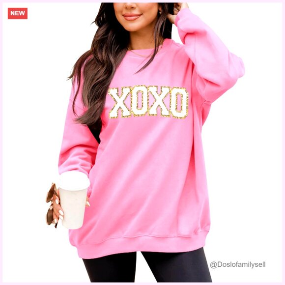 Tops - Oversized Chenille Patch Sweatshirt Valentine Letter Graphic Long Sleeve